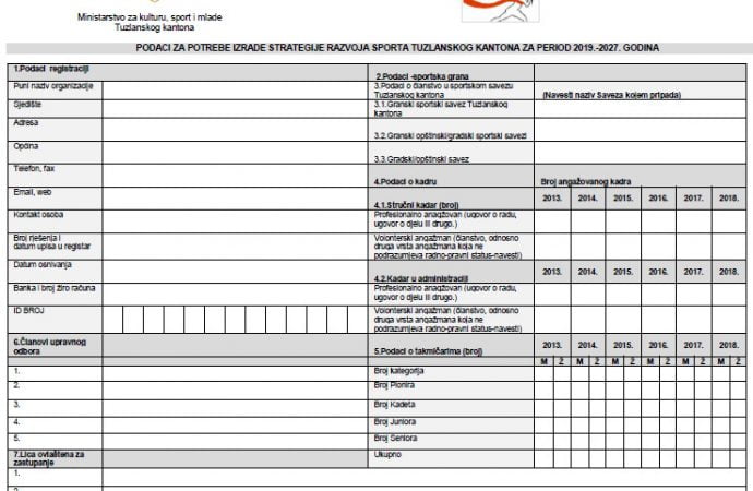 Podaci za izradu nacrta Strategije razvoja sporta Tuzlanskog kantona za period 2019.-2027. godina